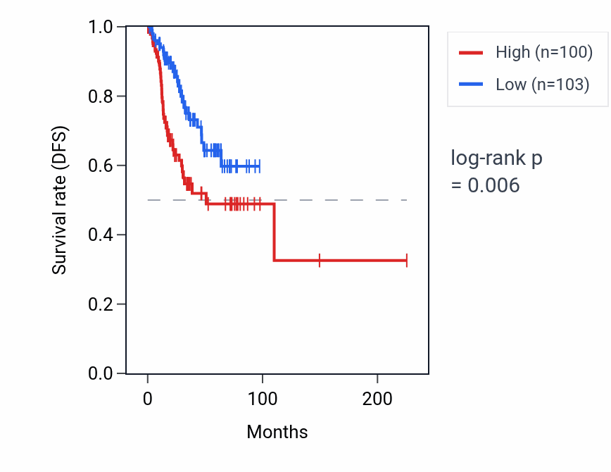 Kaplan&ndash;Meier survival curve for LINC01357 RNA expression in UCEC: high vs low expression groups.