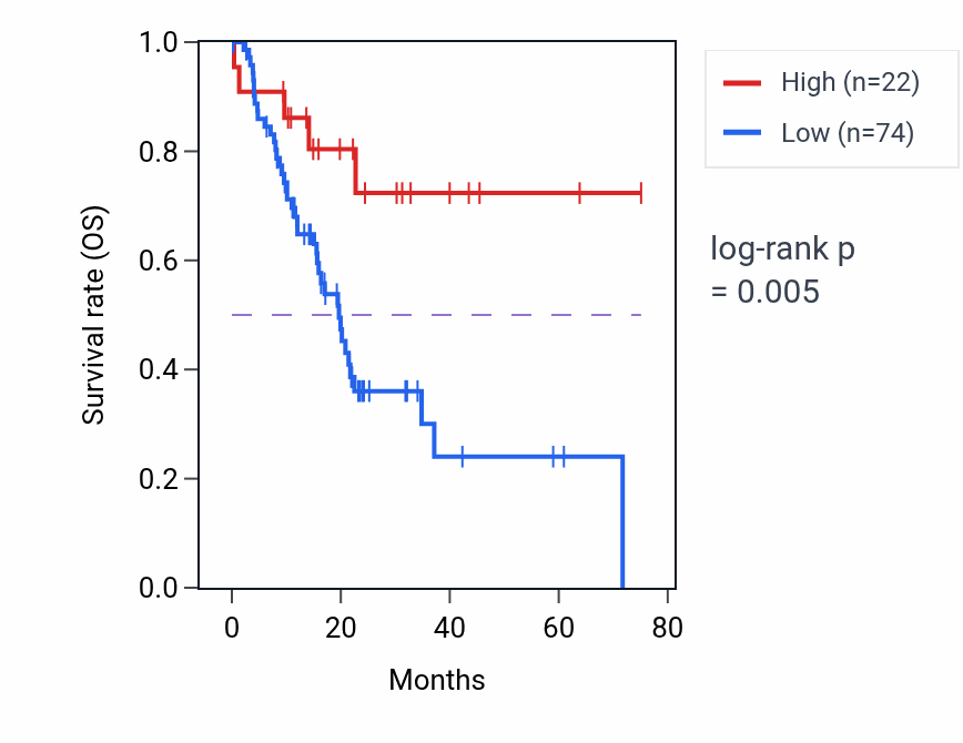 Kaplan&ndash;Meier survival curve for LINC01362 RNA expression in PAAD: high vs low expression groups.