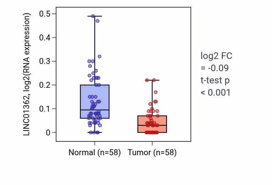 Tumor-vs-normal expression box plot for LINC01362 in THCA.
