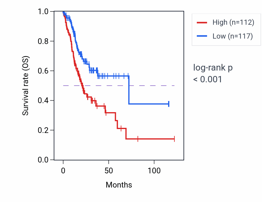 Kaplan&ndash;Meier survival curve for LINC01366 RNA expression in STAD: high vs low expression groups.