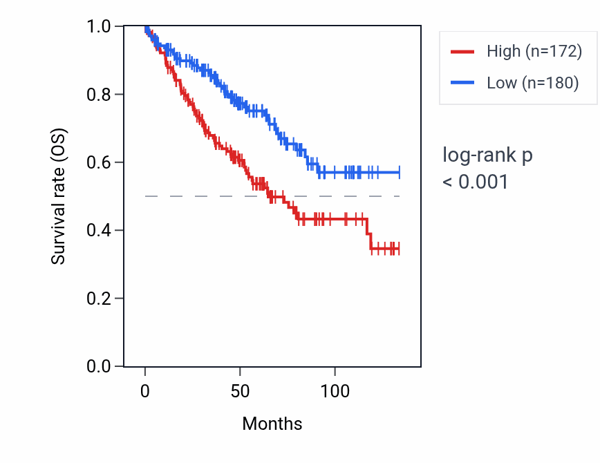 Kaplan&ndash;Meier survival curve for LINC01393 RNA expression in KIRC: high vs low expression groups.