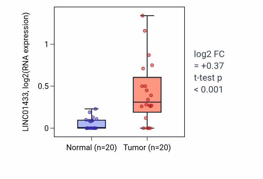 Tumor-vs-normal expression box plot for LINC01433 RNA in COAD.