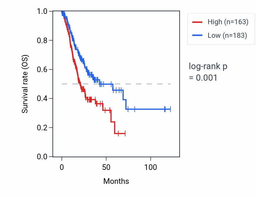 Kaplan&ndash;Meier survival curve for LINC01446 RNA expression in STAD: high vs low expression groups.