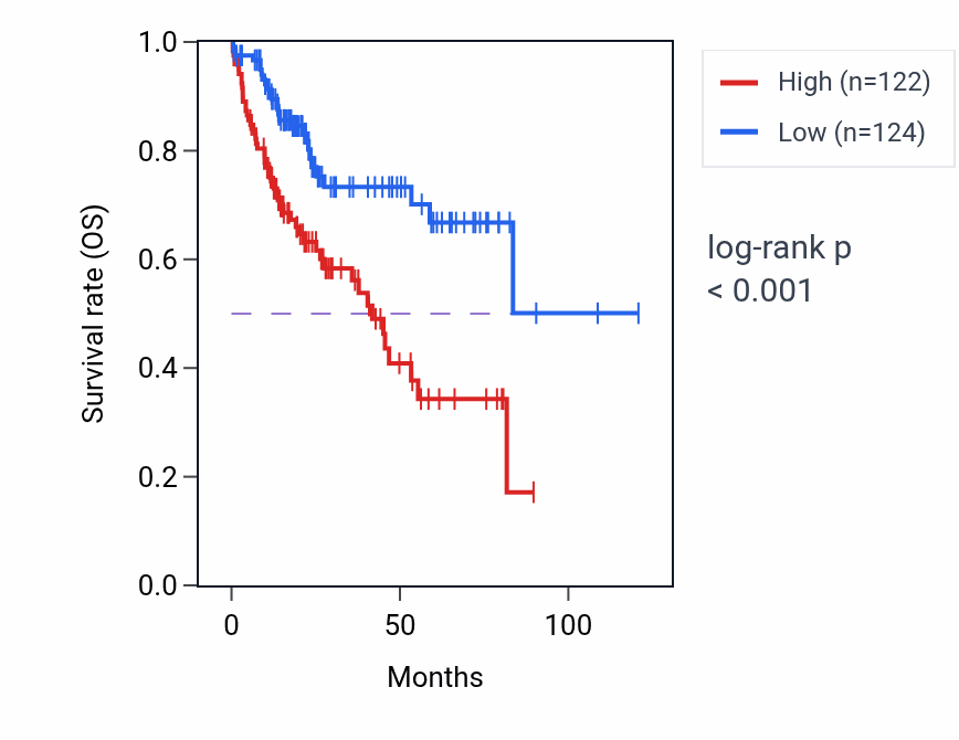 Kaplan&ndash;Meier survival curve for LINC01503 RNA expression in LIHC: high vs low expression groups.
