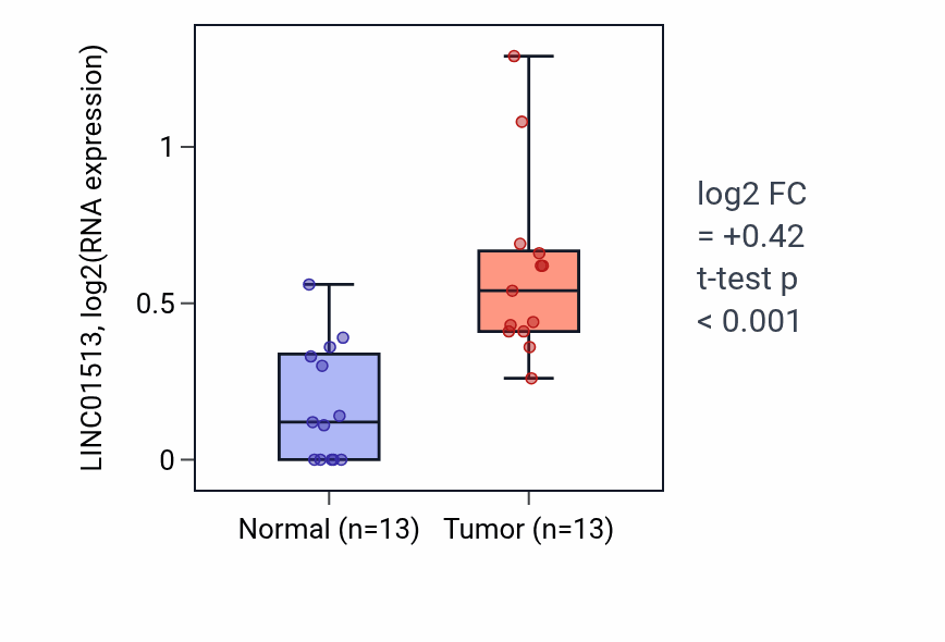 Tumor-vs-normal expression box plot for LINC01513 in KIRC.