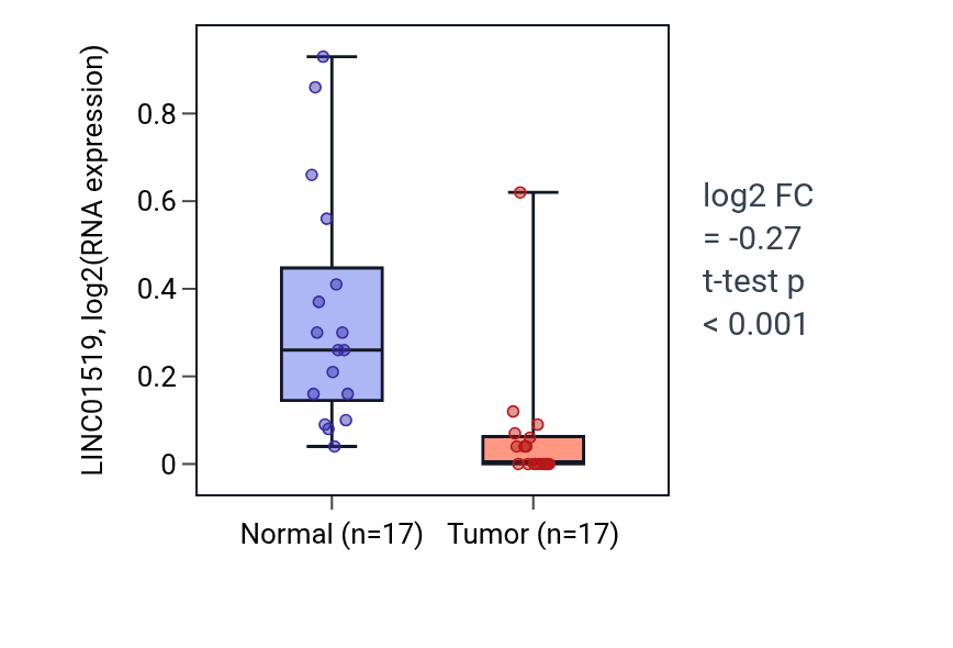 Tumor-vs-normal expression box plot for LINC01519 in THCA.