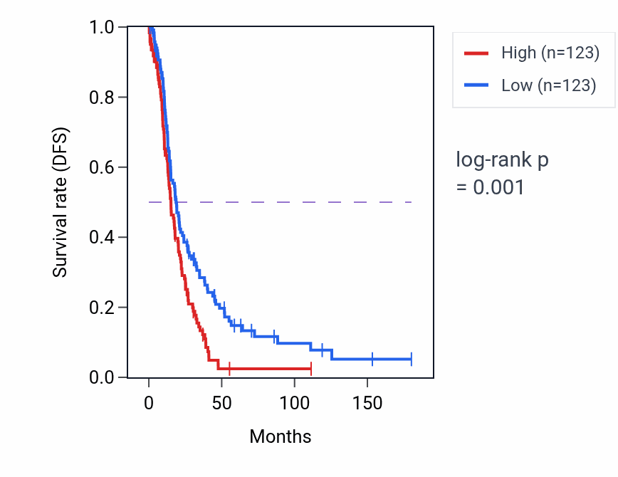 Kaplan&ndash;Meier survival curve for LINC01558 RNA expression in OV: high vs low expression groups.