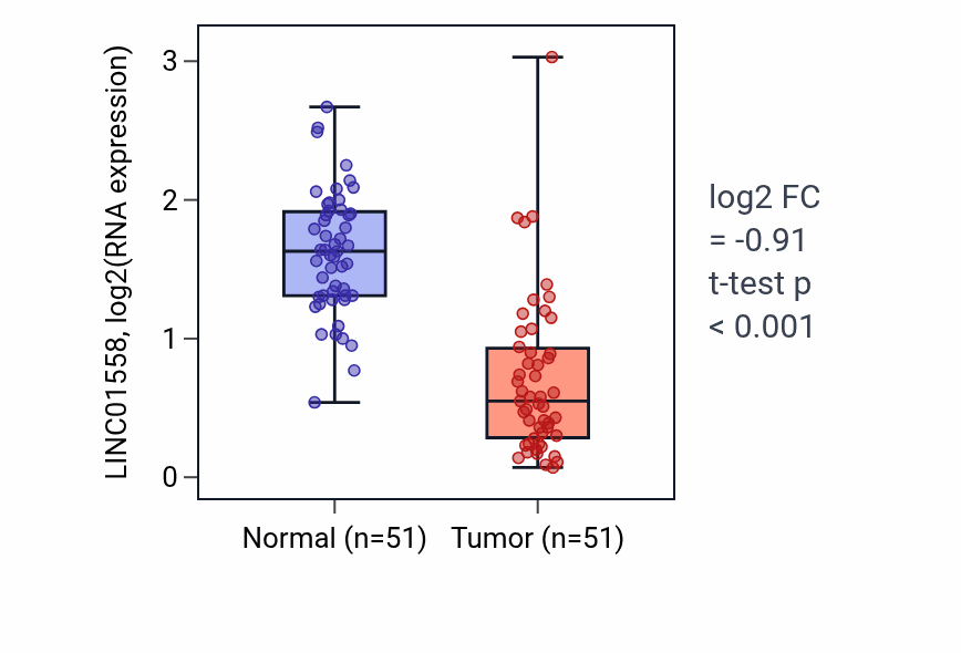 Tumor-vs-normal expression box plot for LINC01558 in KIRC.