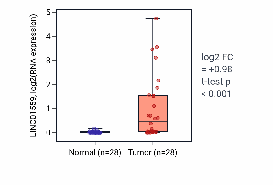 Tumor-vs-normal expression box plot for LINC01559 in LUAD.