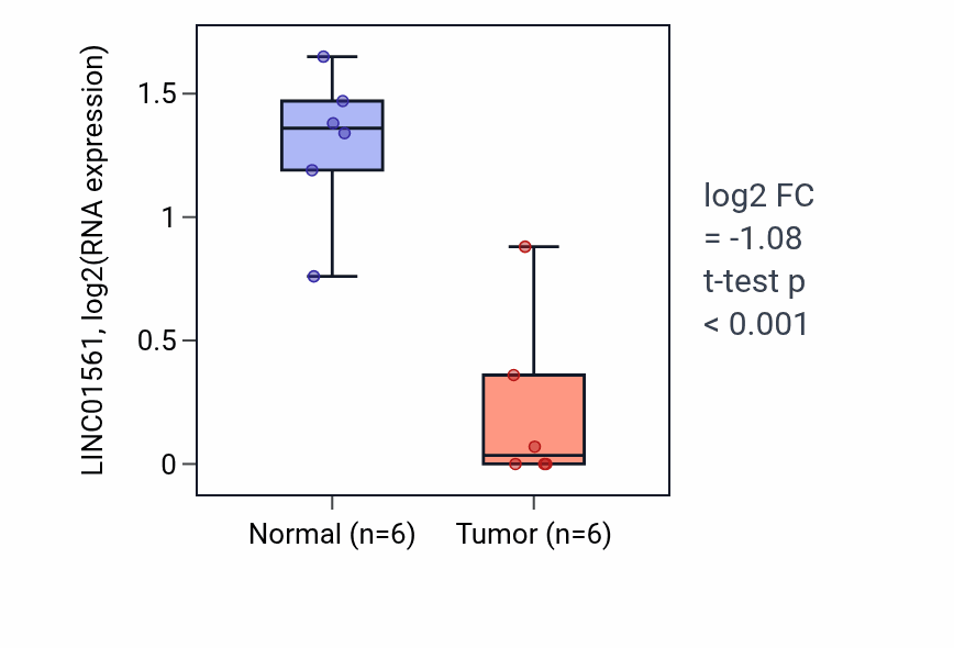 Tumor-vs-normal expression box plot for LINC01561 in KIRC.