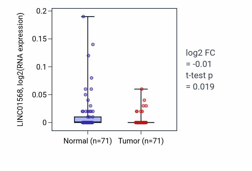 Tumor-vs-normal expression box plot for LINC01568 RNA in KIRC.