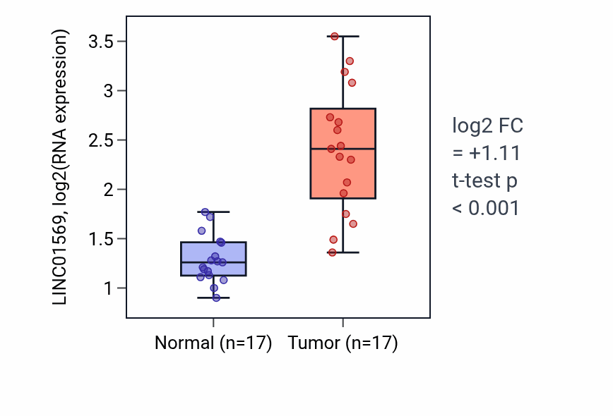 Tumor-vs-normal expression box plot for LINC01569 in COAD.
