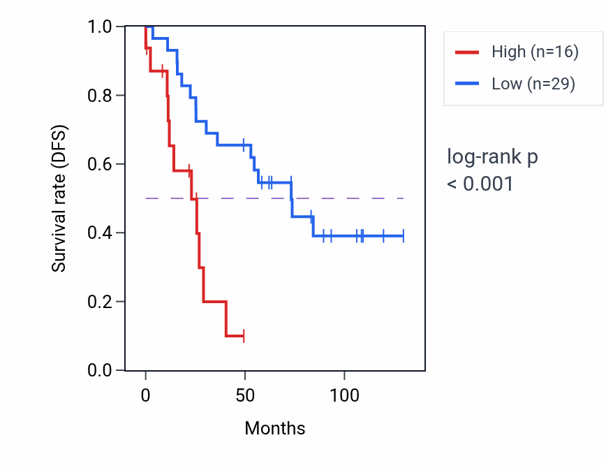 Kaplan&ndash;Meier survival curve for LINC01579 RNA expression in KIRC: high vs low expression groups.