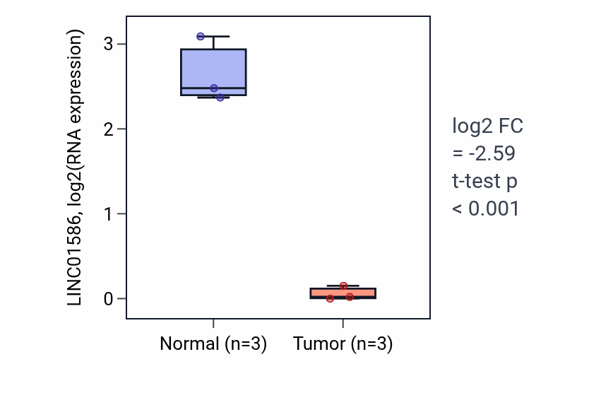 Tumor-vs-normal expression box plot for LINC01586 in THCA.