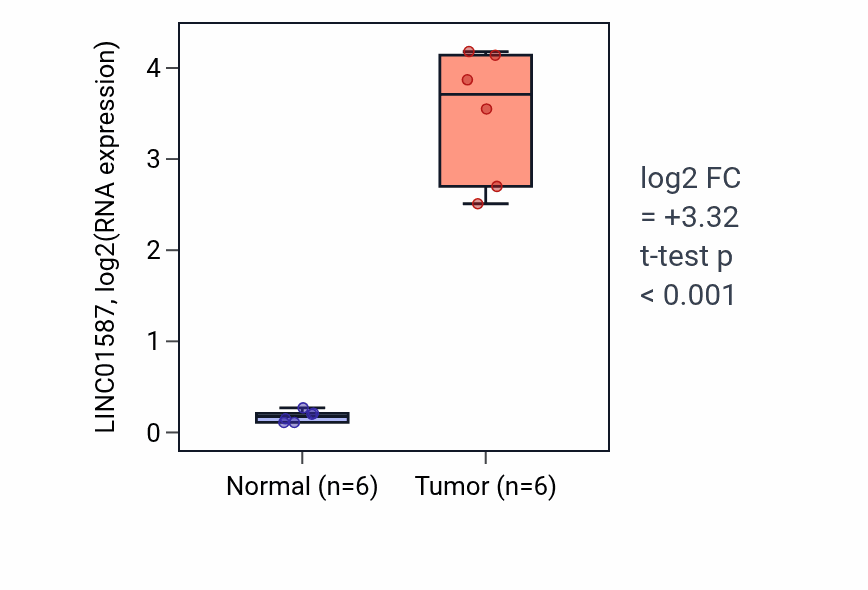 Tumor-vs-normal expression box plot for LINC01587 RNA in KIRC.