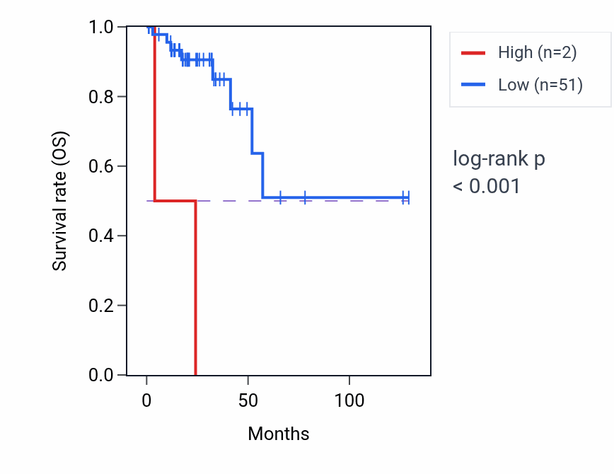 Kaplan&ndash;Meier survival curve for LINC01653 RNA expression in READ: high vs low expression groups.