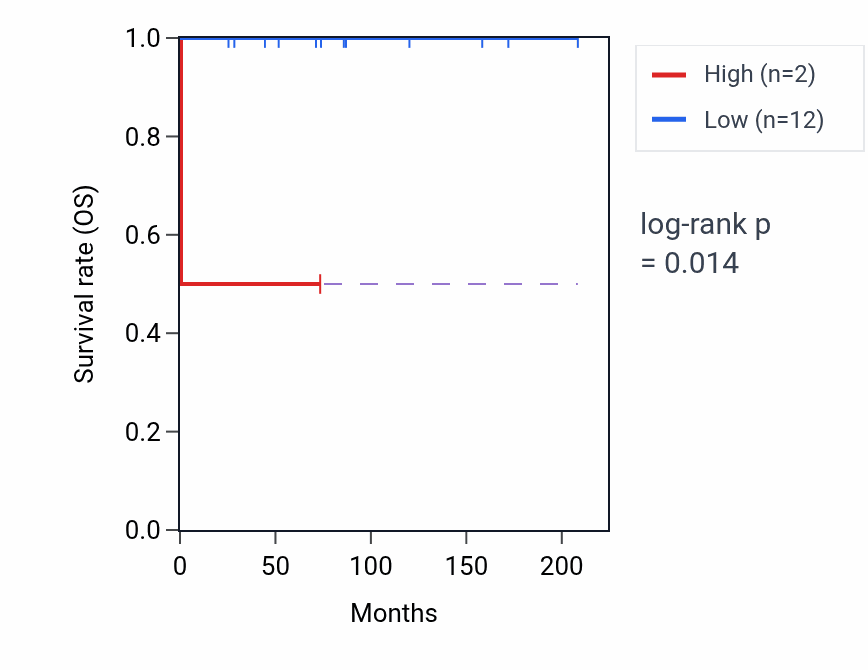 Kaplan&ndash;Meier survival curve for LINC01685 RNA expression in TGCT: high vs low expression groups.
