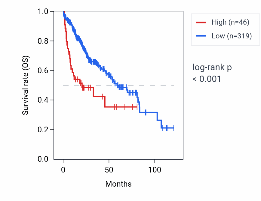 Kaplan&ndash;Meier survival curve for LINC01713 RNA expression in LIHC: high vs low expression groups.