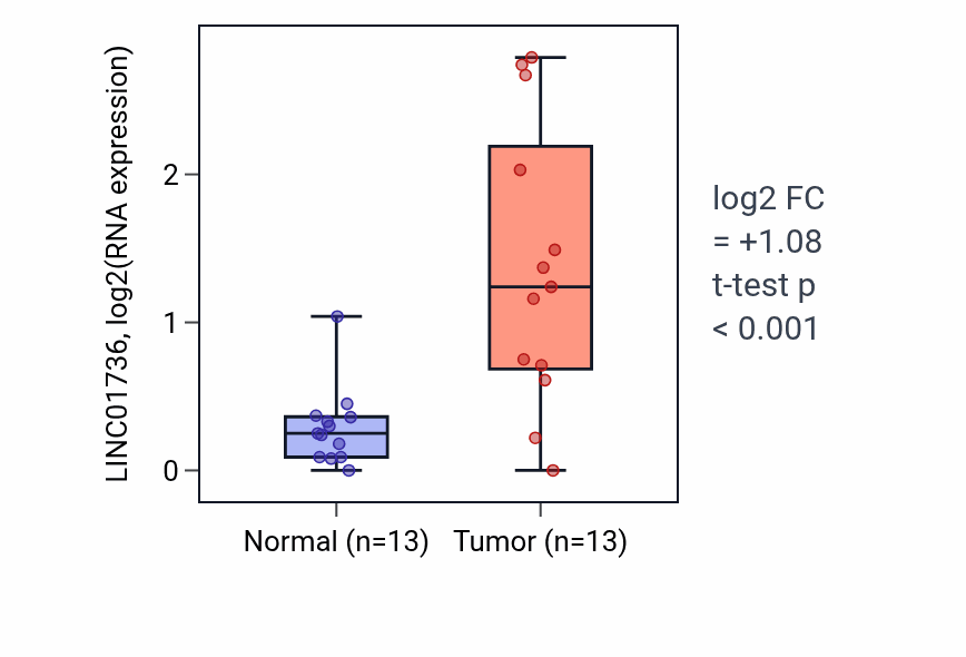 Tumor-vs-normal expression box plot for LINC01736 in KIRC.