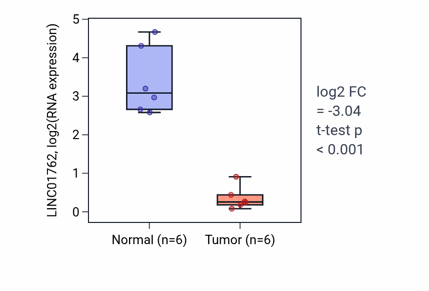 Tumor-vs-normal expression box plot for LINC01762 in KIRC.