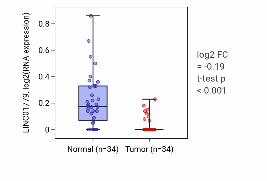 Tumor-vs-normal expression box plot for LINC01779 RNA in KIRC.