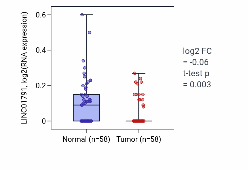 Tumor-vs-normal expression box plot for LINC01791 RNA in THCA.