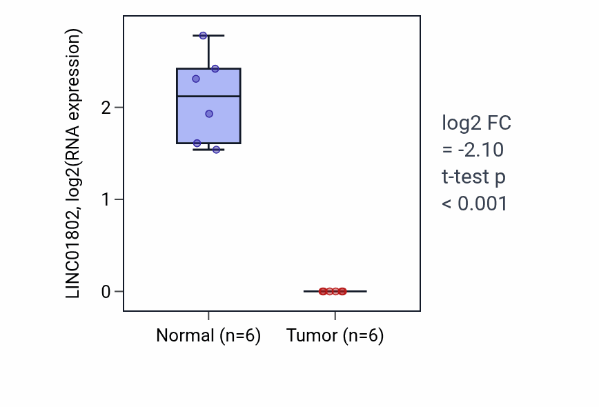Tumor-vs-normal expression box plot for LINC01802 in KIRC.