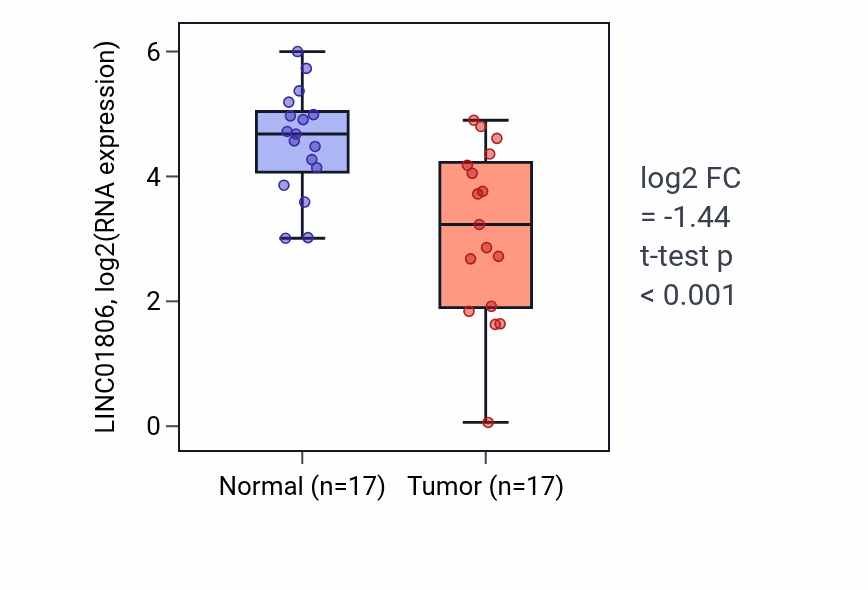 Tumor-vs-normal expression box plot for LINC01806 in THCA.