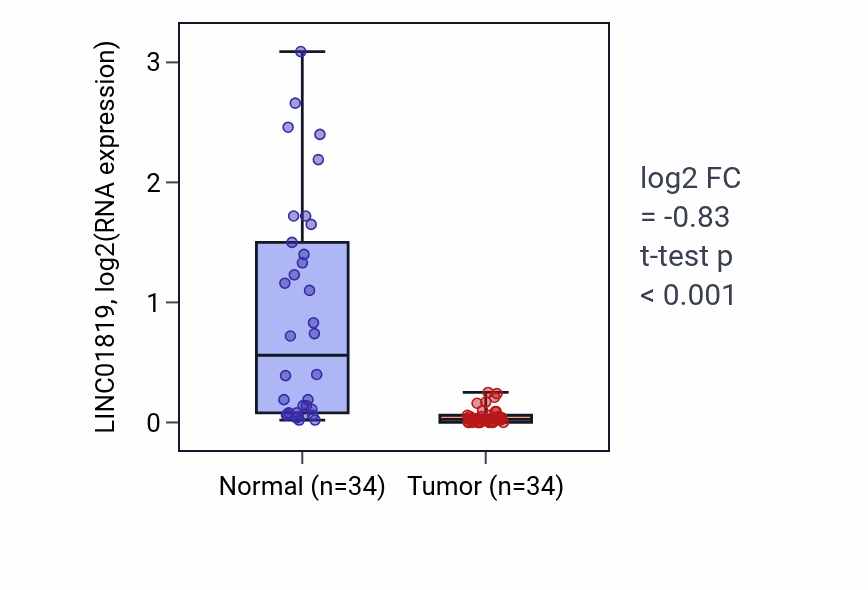 Tumor-vs-normal expression box plot for LINC01819 in KIRC.