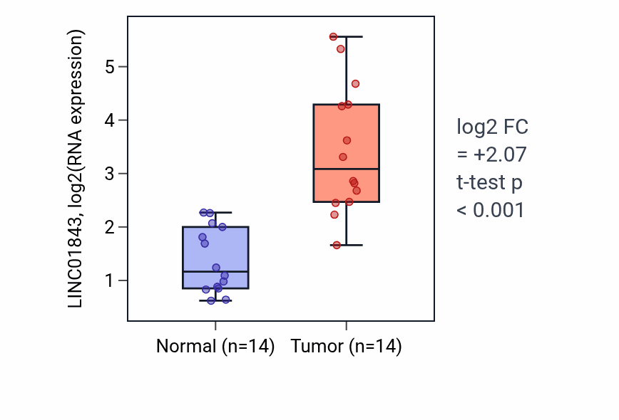 Tumor-vs-normal expression box plot for LINC01843 RNA in KIRC.