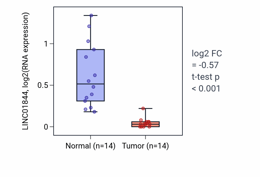 Tumor-vs-normal expression box plot for LINC01844 RNA in LUSC.