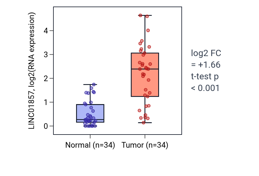 Tumor-vs-normal expression box plot for LINC01857 in KIRC.