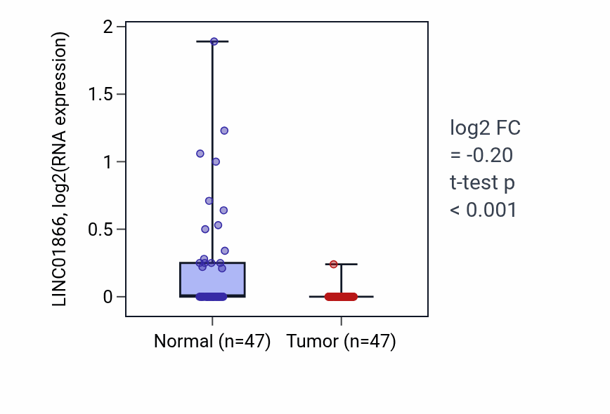 Tumor-vs-normal expression box plot for LINC01866 RNA in KIRC.