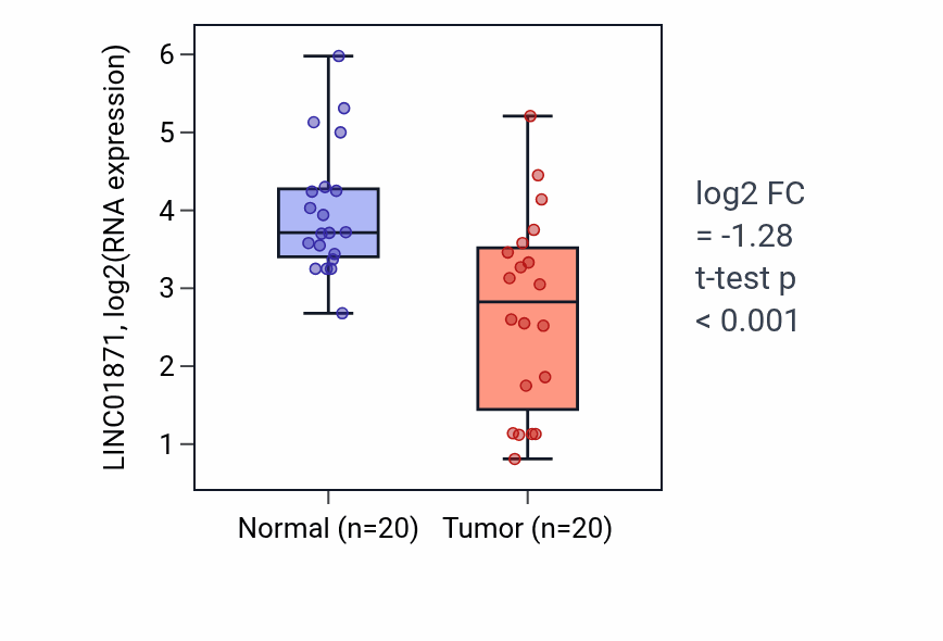 Tumor-vs-normal expression box plot for LINC01871 in COAD.