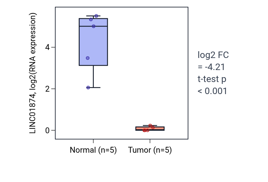 Tumor-vs-normal expression box plot for LINC01874 in KIRP.