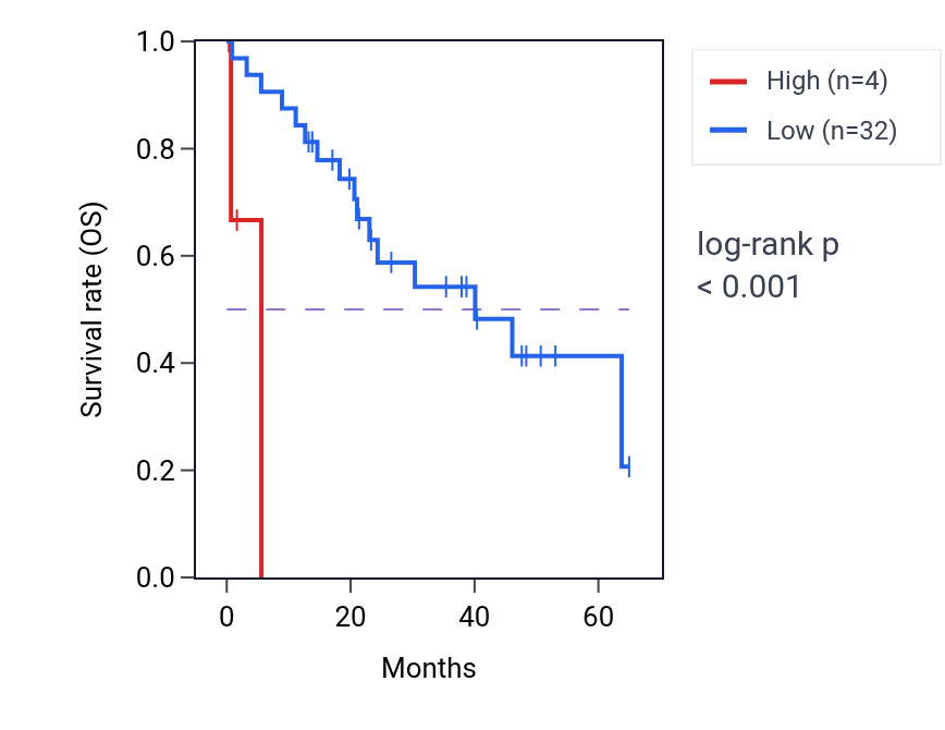 Kaplan&ndash;Meier survival curve for LINC01883 RNA expression in CHOL: high vs low expression groups.