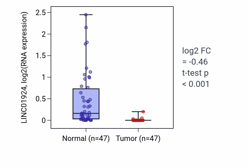 Tumor-vs-normal expression box plot for LINC01924 RNA in KIRC.