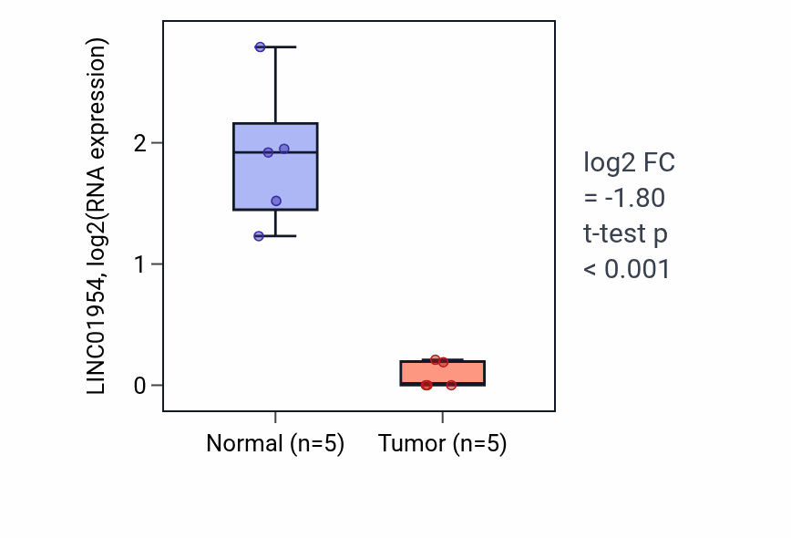 Tumor-vs-normal expression box plot for LINC01954 in COAD.