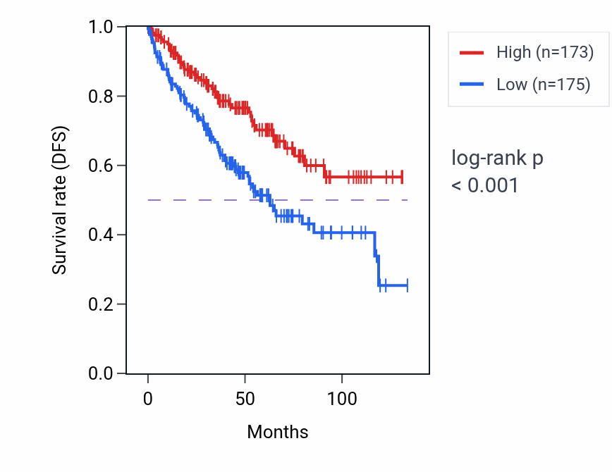 Kaplan&ndash;Meier survival curve for LINC01963 RNA expression in KIRC: high vs low expression groups.