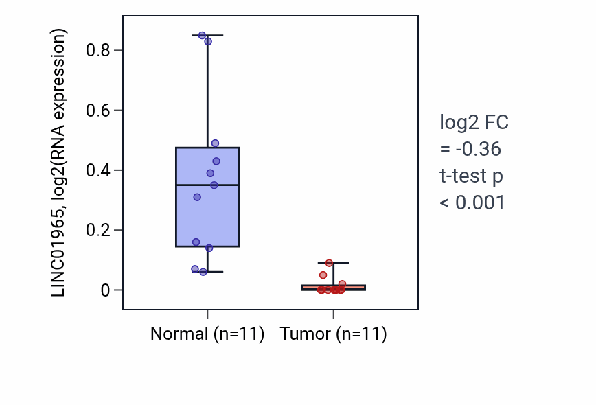 Tumor-vs-normal expression box plot for LINC01965 in KICH.