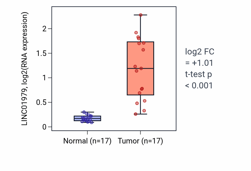 Tumor-vs-normal expression box plot for LINC01979 RNA in COAD.