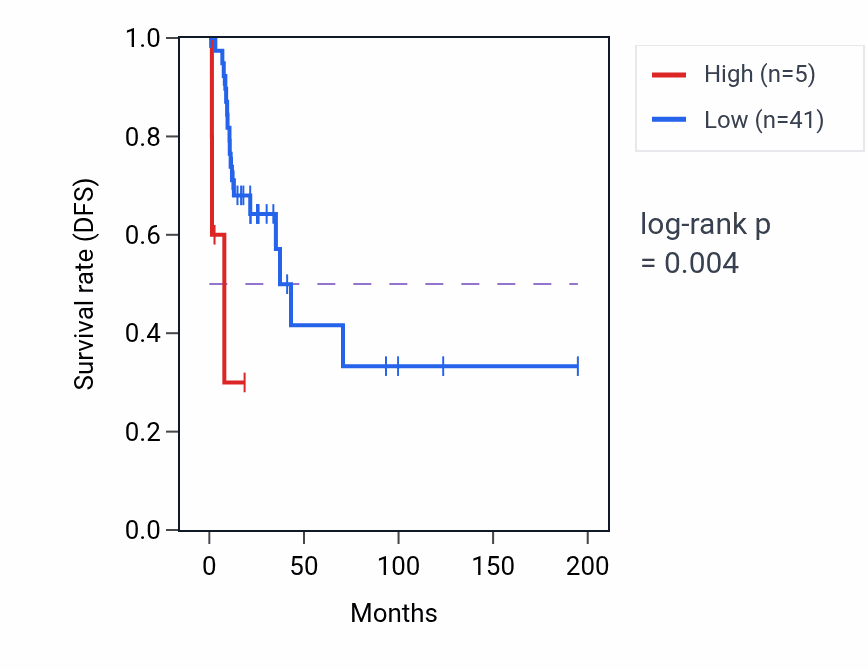 Kaplan&ndash;Meier survival curve for LINC02005 RNA expression in KIRP: high vs low expression groups.