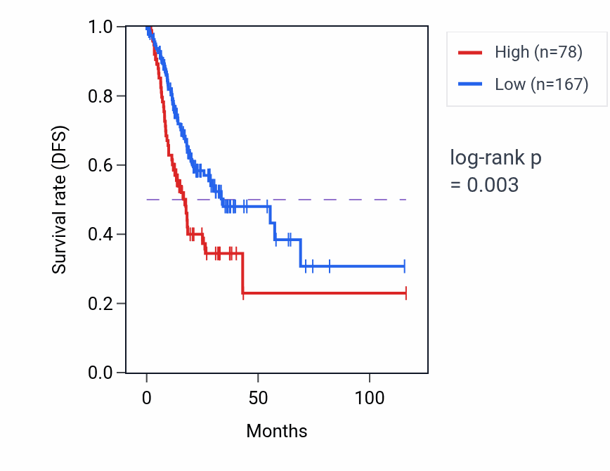 Kaplan&ndash;Meier survival curve for LINC02011 RNA expression in STAD: high vs low expression groups.