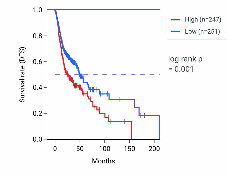 Kaplan&ndash;Meier survival curve for LINC02015 RNA expression in HNSC: high vs low expression groups.