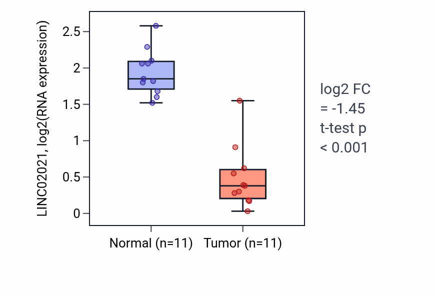 Tumor-vs-normal expression box plot for LINC02021 in KICH.
