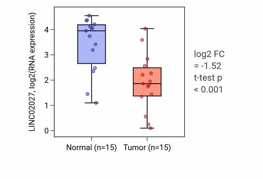 Tumor-vs-normal expression box plot for LINC02027 in KIRP.
