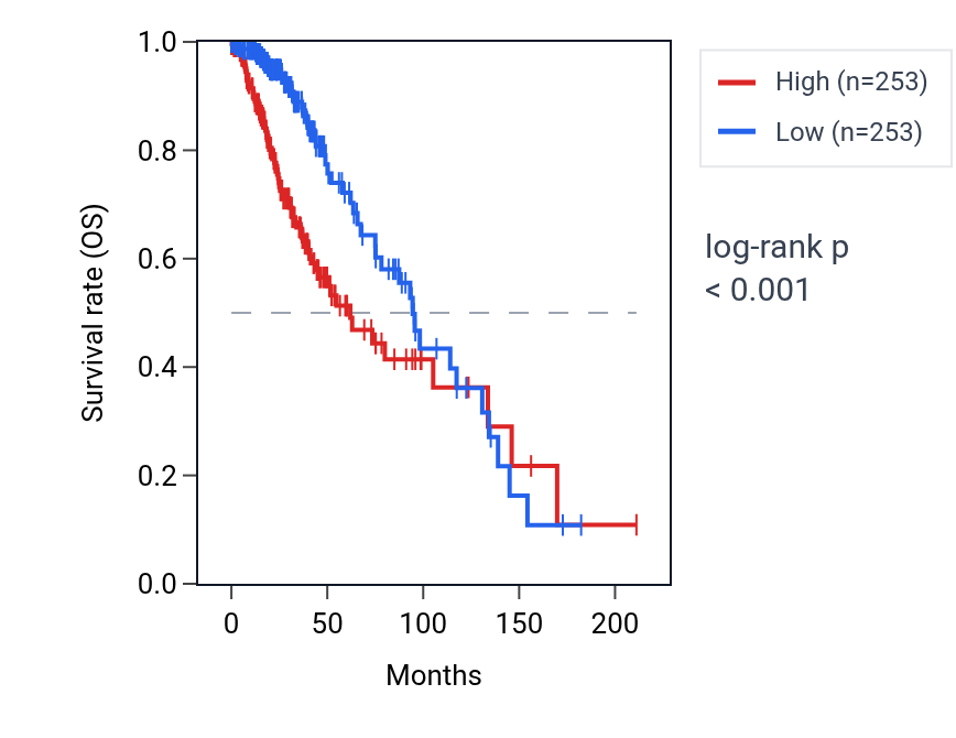 Kaplan&ndash;Meier survival curve for LINC02028 RNA expression in LGG: high vs low expression groups.
