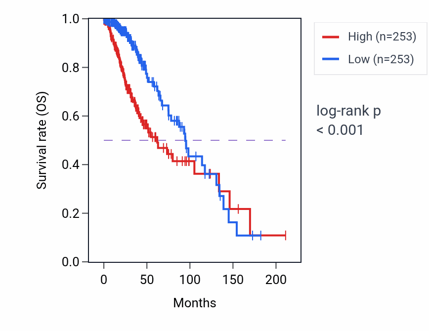 Kaplan&ndash;Meier survival curve for LINC02028 RNA-high vs -low samples in LGG.