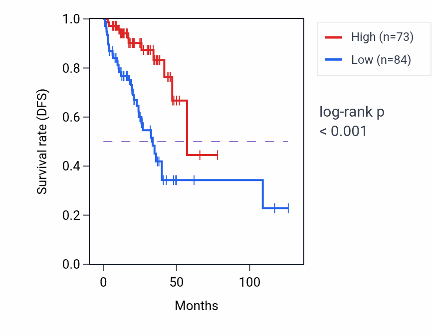 Kaplan&ndash;Meier survival curve for LINC02044 RNA expression in READ: high vs low expression groups.