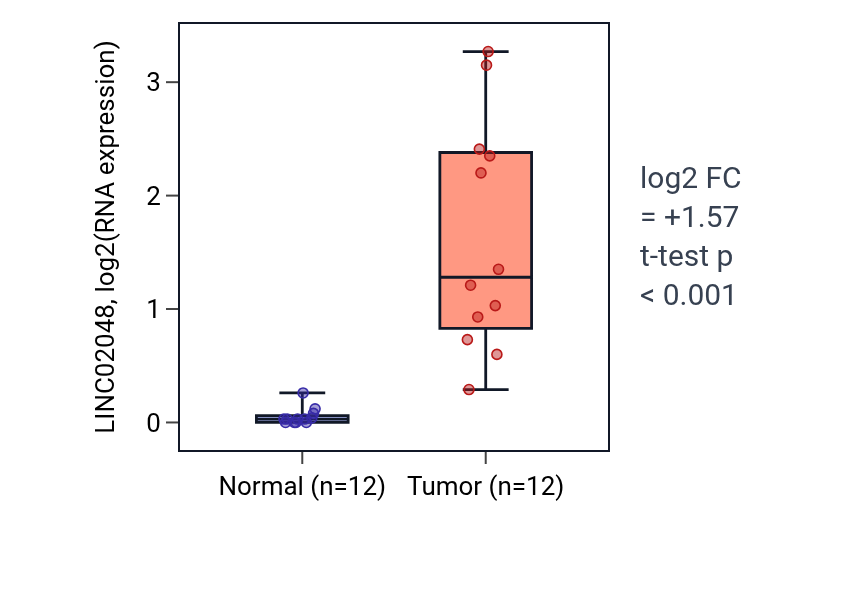 Tumor-vs-normal expression box plot for LINC02048 in KIRC.
